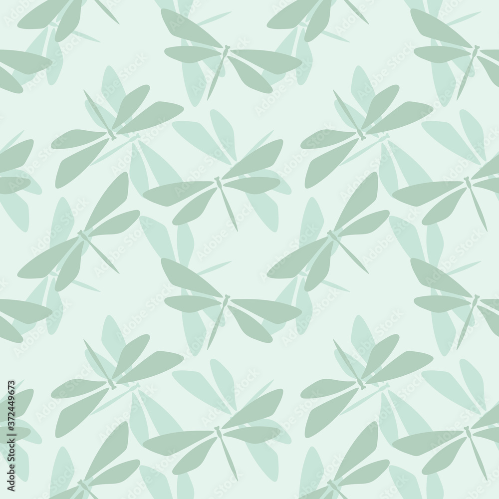 Poster Seamless repeat pattern with dragonfly silhouettes. Random dragonflies vector background. Nature theme green background design perfect for fabric or wrapping paper.