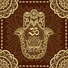 Stylized with henna tattoo decorative pattern for decorating covers book, notebook, casket, postcard and folder. Mandala, Hamsa and border in mehndi style. Frame in the eastern tradition.