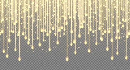 Falling stars, glitter rain, golden star dust, bright yellow sparkles isolated on a transparent background. Christmas decoration, abstract falling shiny particles, vector light effect. Luxury decor.