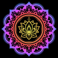 Circular pattern in form of mandala with lotus flower for Henna, Mehndi, tattoo, decoration. Decorative ornament in ethnic oriental style. Rainbow design on black background.