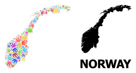 Vector Collage Map of Norway of Colorful Weed Leaves and Solid Map