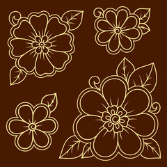 Set of Mehndi flower pattern for Henna drawing and tattoo. Decoration in ethnic oriental, Indian style. Doodle ornament. Outline hand draw vector illustration.