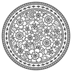Circular pattern in form of mandala with flower for Henna, Mehndi, tattoo, decoration. Decorative ornament in ethnic oriental style. Outline doodle hand draw vector illustration. Coloring book page.