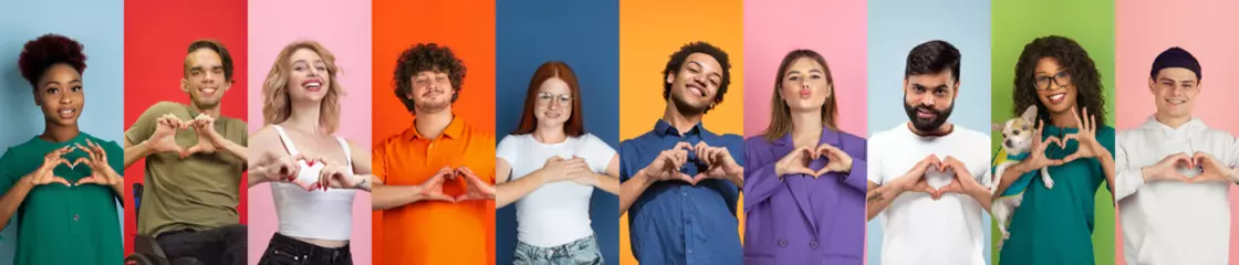 Poster Collage of portraits of 10 young emotional people on multicolored background. Concept of human emotions, facial expression, sales, love, charity. Smiling, gesturing, heart sign with hands, kind. © master1305