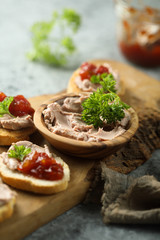 Traditional homemade pate on toast with jam