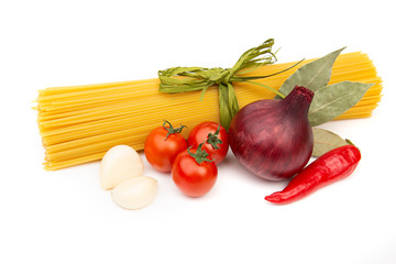 Raw Pasta with ingredients on white background