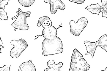 Christmas seamless pattern, vector, engraving sryle