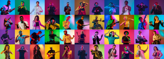 Collage of portraits of 34 young emotional talented musicians on multicolored background in neon...