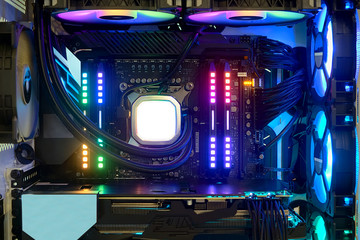 inside desktop with multicolor LED RGB light show status on working	