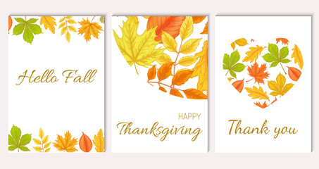 Vector autumn card template collection with yellow and red leaves. Oak, maple, rowan, horse chestnut
