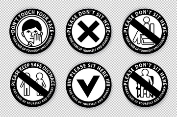 Warning signs on transparent background.. Keep distance between people. Do not sit here. Keep safe distance