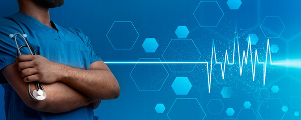 Collage with black male doctor, hexagonal cells and cardiogram over blue background, free space....