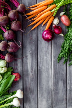Set of vegetables. Carrot and beet with tops, potato, garlic top view copy space