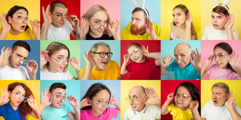 Collage of portraits of 16 young emotional people on multicolored background. Concept of human emotions, facial expression, sales. Listening to secrets, gossips, offers interested and wondered.