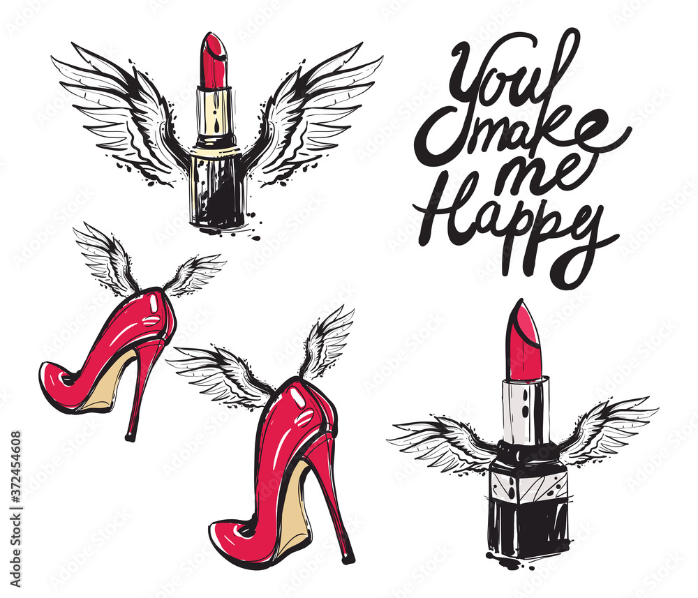 Wall mural Vector fashion sketch. Hand drawn graphic flying red heels, lipstick with angel wings. Contrasty glamour fashion in vogue style. Isolated elements on white background. You make me happy sign. - Wall murals