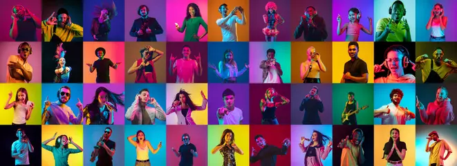 Tuinposter Collage of portraits of 33 young emotional people on multicolored background in neon. Concept of human emotions, facial expression, sales, ad. Listening to music, dancing, shocked, laughting. © master1305