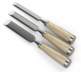 Chisel hand tool set with wooden handles.