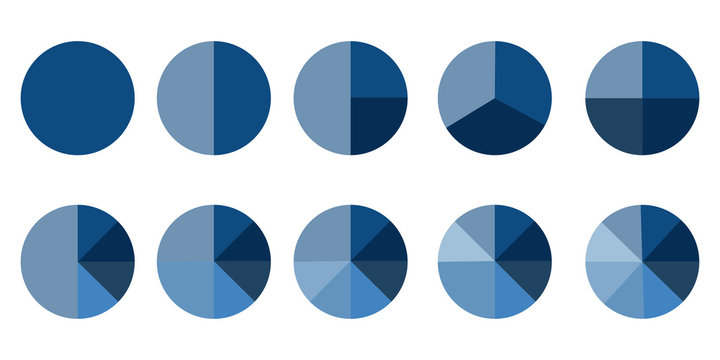 Pie chart. Blue color vector diagram. Circles with segments. Stock photo.
