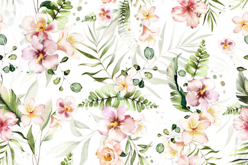 Seamless pattern with tropical leaves and flowers. watercolor  Botanic