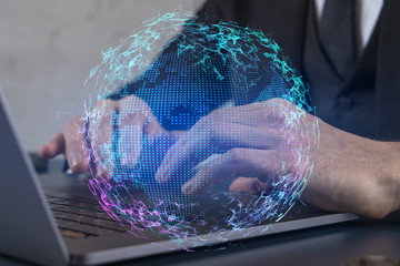 Businessman search for new opportunities, in international business, typing laptop background. World map hologram.