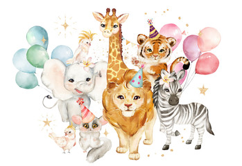 Watercolor portrait tiger, lion, elephant, giraffe, zebra, lemur, parrot