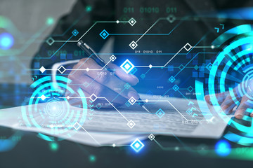 Woman signs contract. Technology hologram. Multiexposure. Internet business concept.