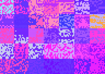 Abstract pixelated background with flickers and datamoshing effect for programming and steganography subject. Vaporwave and cyberpunk style aesthetics.