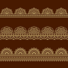 Fototapeta premium Set of Seamless borders pattern for Mehndi, Henna drawing and tattoo. Decoration in ethnic oriental, Indian style. Doodle ornament. Outline hand draw vector illustration.