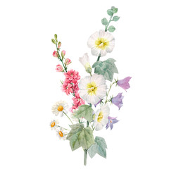 Beautiful floral bouquet with watercolor summer flowers. Stock illustration.