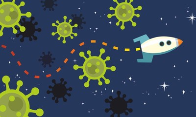 Rocket Finds Path Through Coronavirus Pandemic Covid-19 Virus Planets stylised illustration
