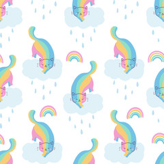 Doodle seamless pattern with cute kawaii rainbow cats. Rainy day. Vector illustration for kids. Ideal for wallpapers, scrapbooking, print on textile.
