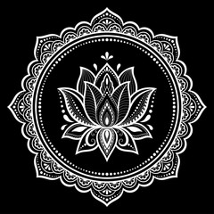 Circular pattern in form of mandala with lotus flower for Henna, Mehndi, tattoo, decoration. Decorative ornament in ethnic oriental style. Outline doodle hand draw vector illustration.