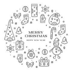 Christmas and New year greetings. A set of decorative elements-a snowman, a gift, a bow, a bell, a Christmas tree, a gift bag, a signet and a candy. Page of the coloring book.