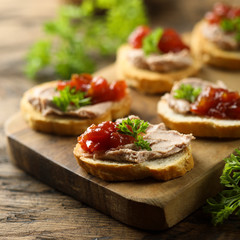 Traditional homemade pate on toast with jam - obrazy, fototapety, plakaty