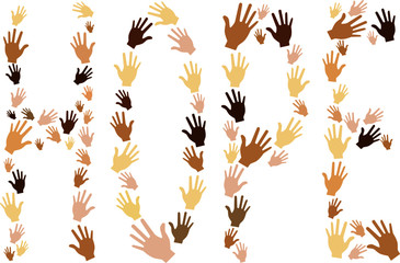 Illustration of different colored hands forming shape of the world. Vector image with transparent background.