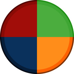 Pie chart divided in four same sized sectors. Good for presentations. Red, green, blue and yellow sectors. Vector image with transparent background.