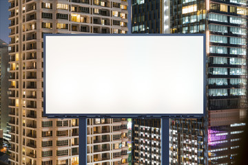 Fototapeta na wymiar Blank white road billboard with Bangkok cityscape background at night time. Street advertising poster, mock up, 3D rendering. Front view. The concept of marketing communication to promote idea.