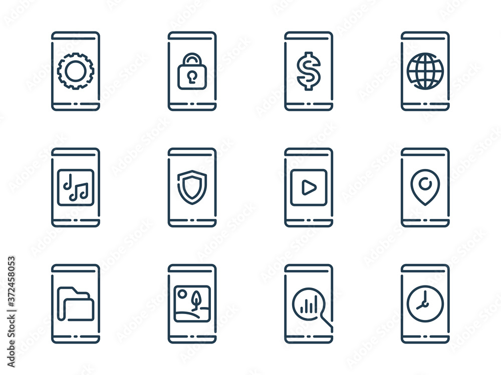 Poster smartphone functions related vector line icons. mobile phone services outline icon set.