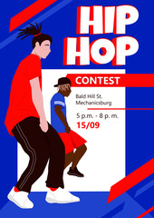 Male dancers rehearsing hip-hop dance or street dance style turfing, krump, jazz-funk choreography in dance class. Print-ready poster template for dance classes. Hobby and leisure. 