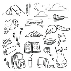 camping doodle set on the white background