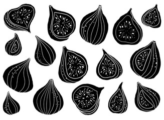 Hand drawn vector figs illustration. Isolated black linocut figs clipart. Fig elements set. Graphic block print figs.