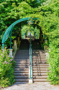 Stairs with arcade at the Parc de Belleville in Paris, France