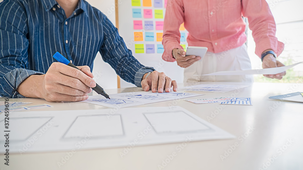 Wall mural creative web designer planning application and developing template layout, framework for mobile phon