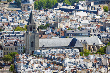 Fototapeta premium Aerial view of Saint-Germain-des-Pres Abbey in Paris, France. Day shot from Tour Montparnasse observation desk.