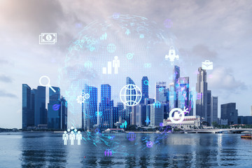 Social media icons hologram over panorama city view of Singapore, Asia. The concept of people networking and connections. Double exposure.