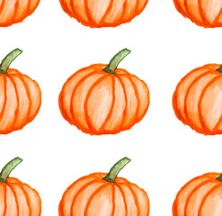 Orange pumpkins on white background as halloween watercolor pattern wallpaper  
