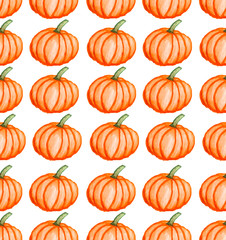 Orange pumpkins on white background as halloween watercolor pattern wallpaper  