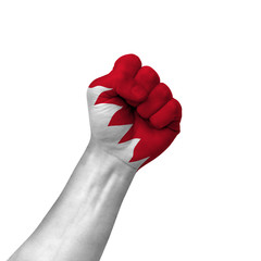 Hand making victory sign, bahrain painted with flag as symbol of victory, resistance, fight, power, protest, success - isolated on white background
