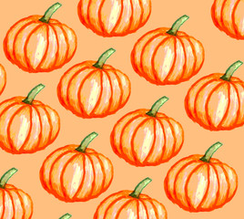 Orange pumpkins on orange background as halloween watercolor pattern wallpaper  
