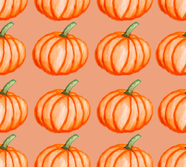 Orange pumpkins on orange background as halloween watercolor pattern wallpaper  